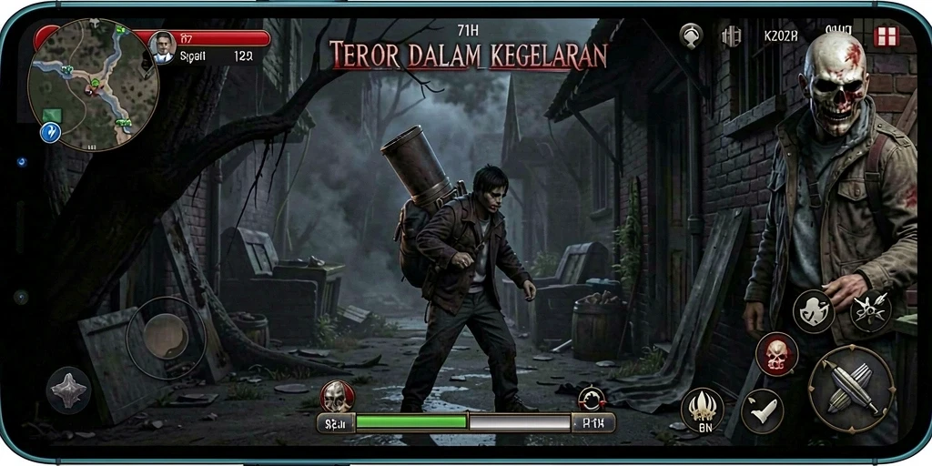 Screenshot gameplay 71H menampilkan suasana kegelapan yang mencekam.