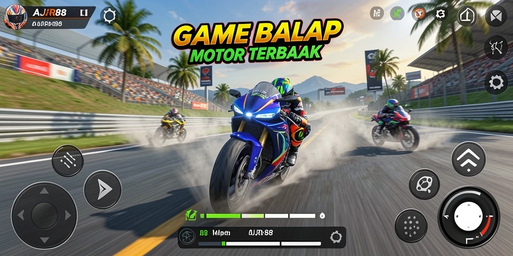 Tampilan gameplay seru di AJR88 dengan motor balap yang cepat.