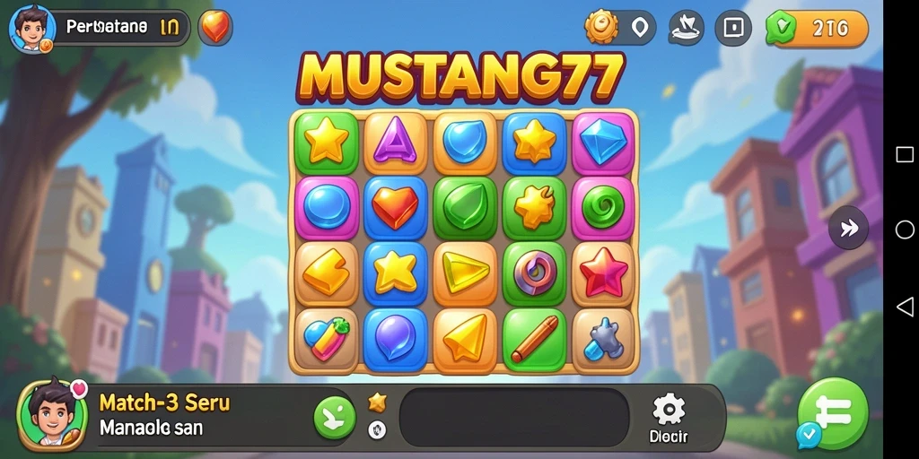 Tampilan gameplay seru di MUSTANG77 dengan kombinasi match-3.