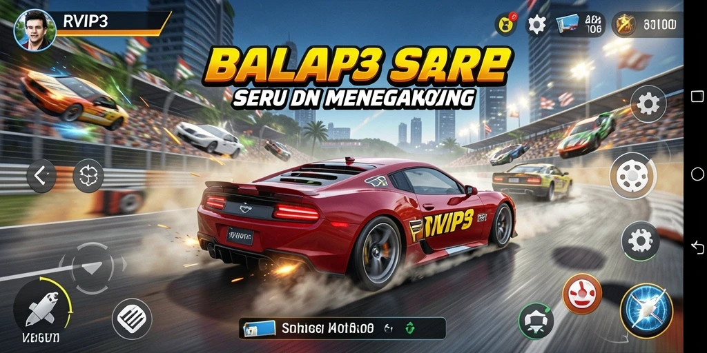 Screenshot gameplay RVIP3 menampilkan aksi balapan yang mendebarkan.